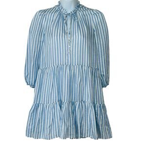 Veronica Beard Tiered Mini Dress 2 Blue Stripes Puff Sleeves Linen Silk